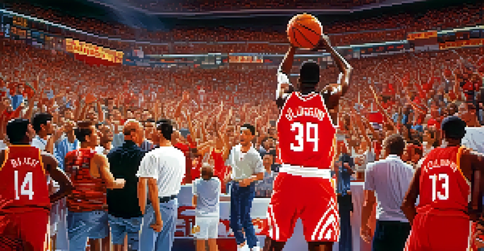 A basketball player in a red Houston Rockets jersey performing a dunk during a game, with excited fans in the background.