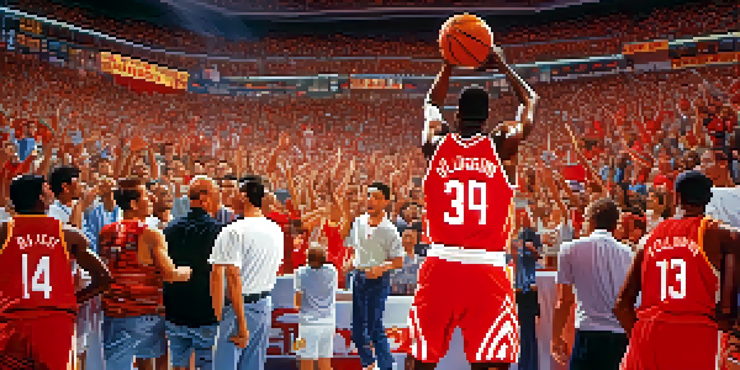 A basketball player in a red Houston Rockets jersey performing a dunk during a game, with excited fans in the background.