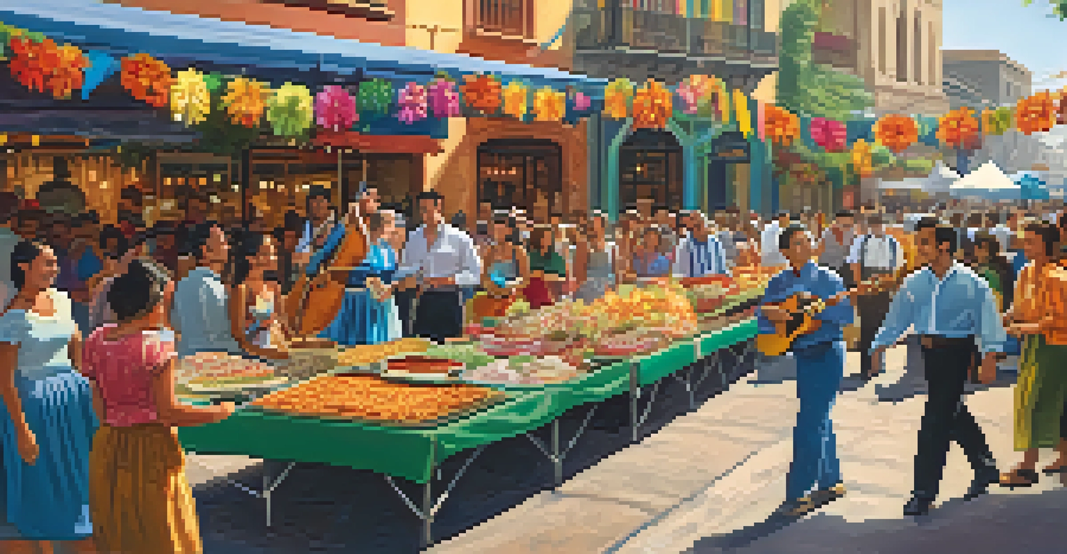 A bustling street during the San Antonio Fiesta, decorated with colorful banners and food stalls, showcasing diverse people enjoying the celebration.