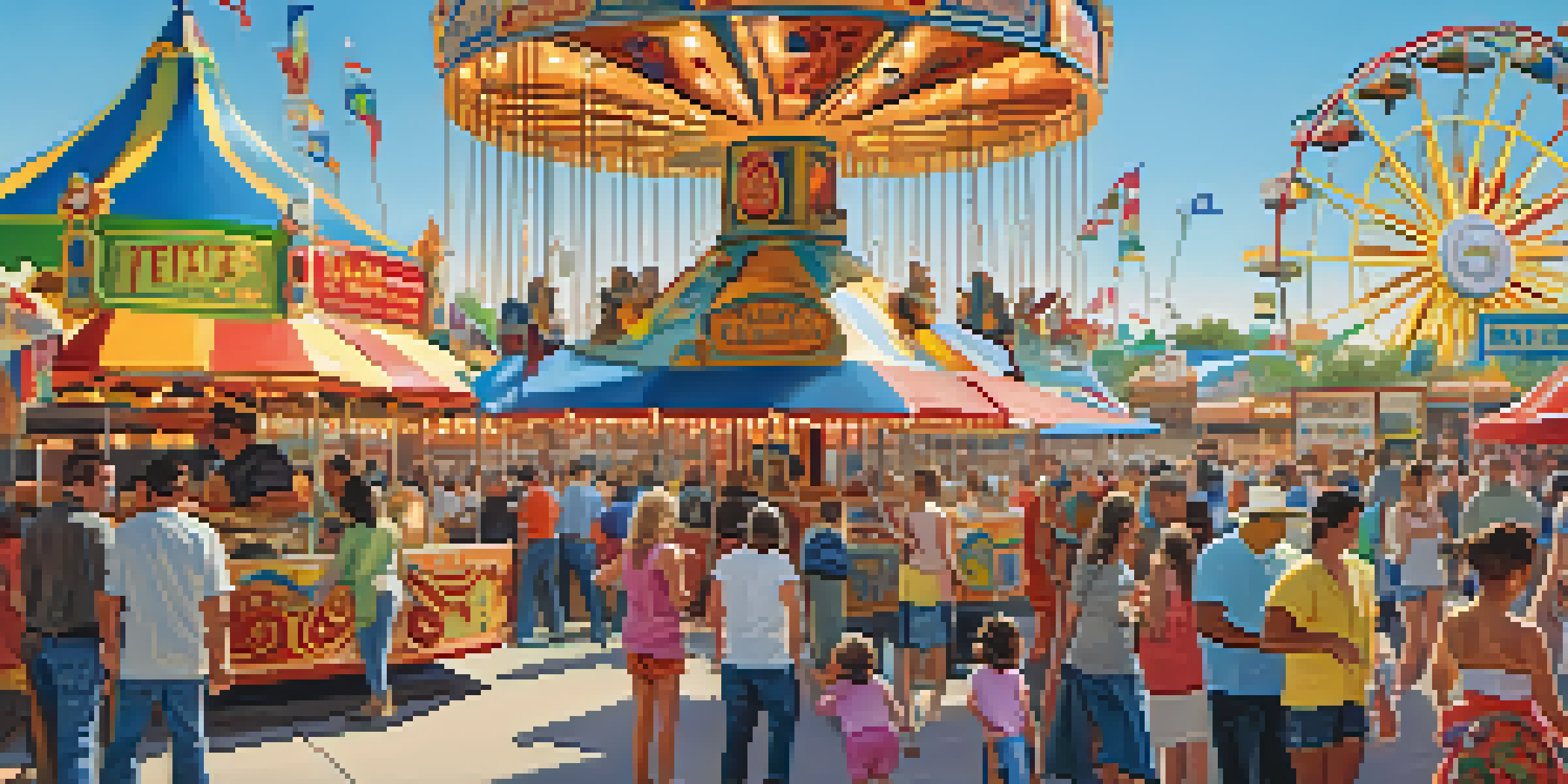 A lively Texas State Fair scene with colorful rides and food stalls, filled with families enjoying the festivities.