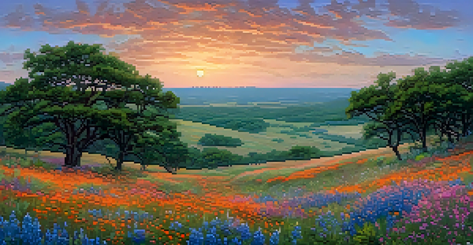 A breathtaking sunset view of the Texas Hill Country, featuring rolling hills adorned with wildflowers and a serene river.