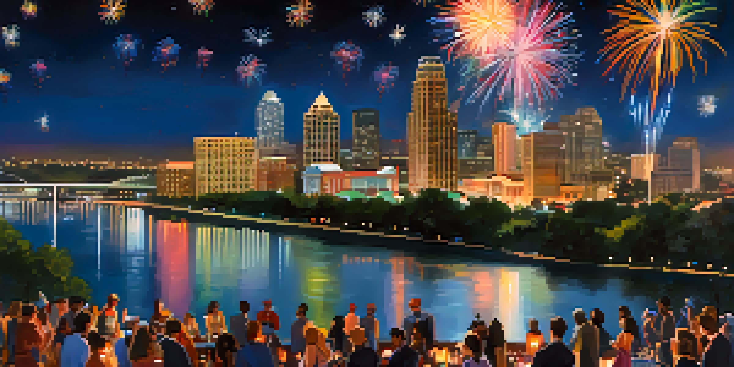 A lively New Year's Eve celebration in Austin, Texas, with fireworks over Lady Bird Lake and joyful crowds.