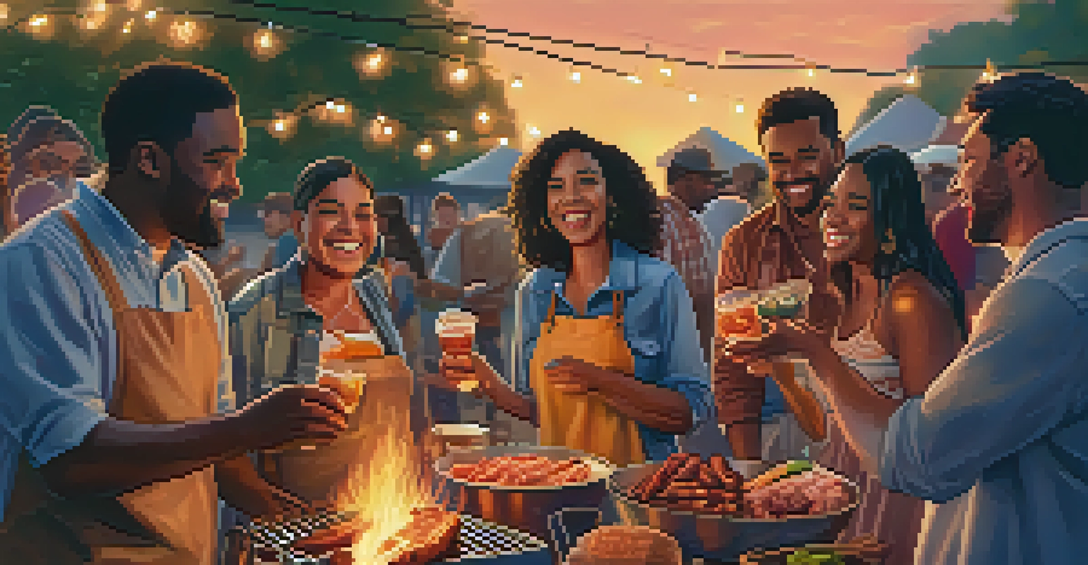 A group of friends gathered around a barbecue pit at sunset, enjoying food and drinks.