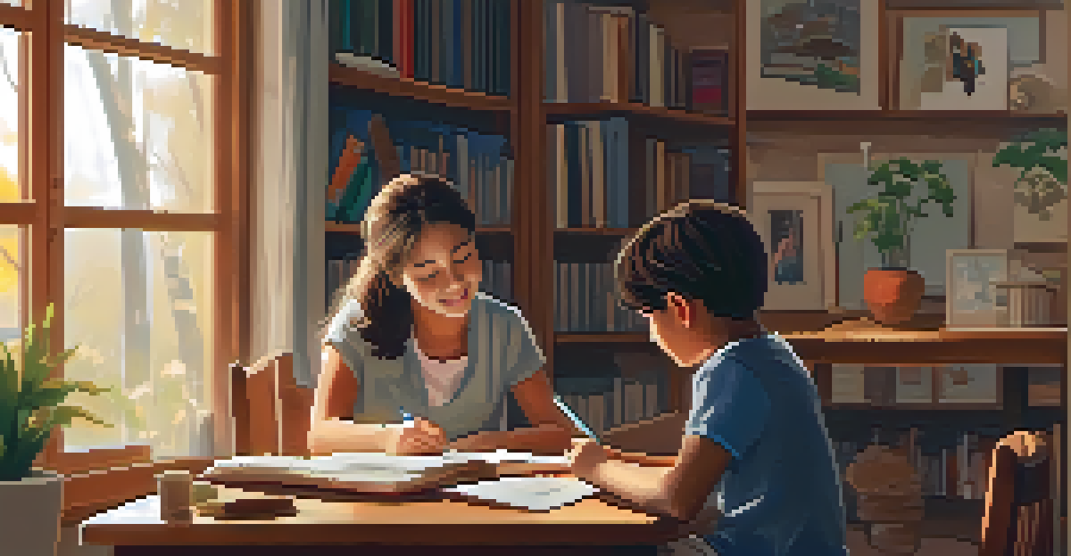 A parent helping a child with homework in a cozy, warmly lit home study space.