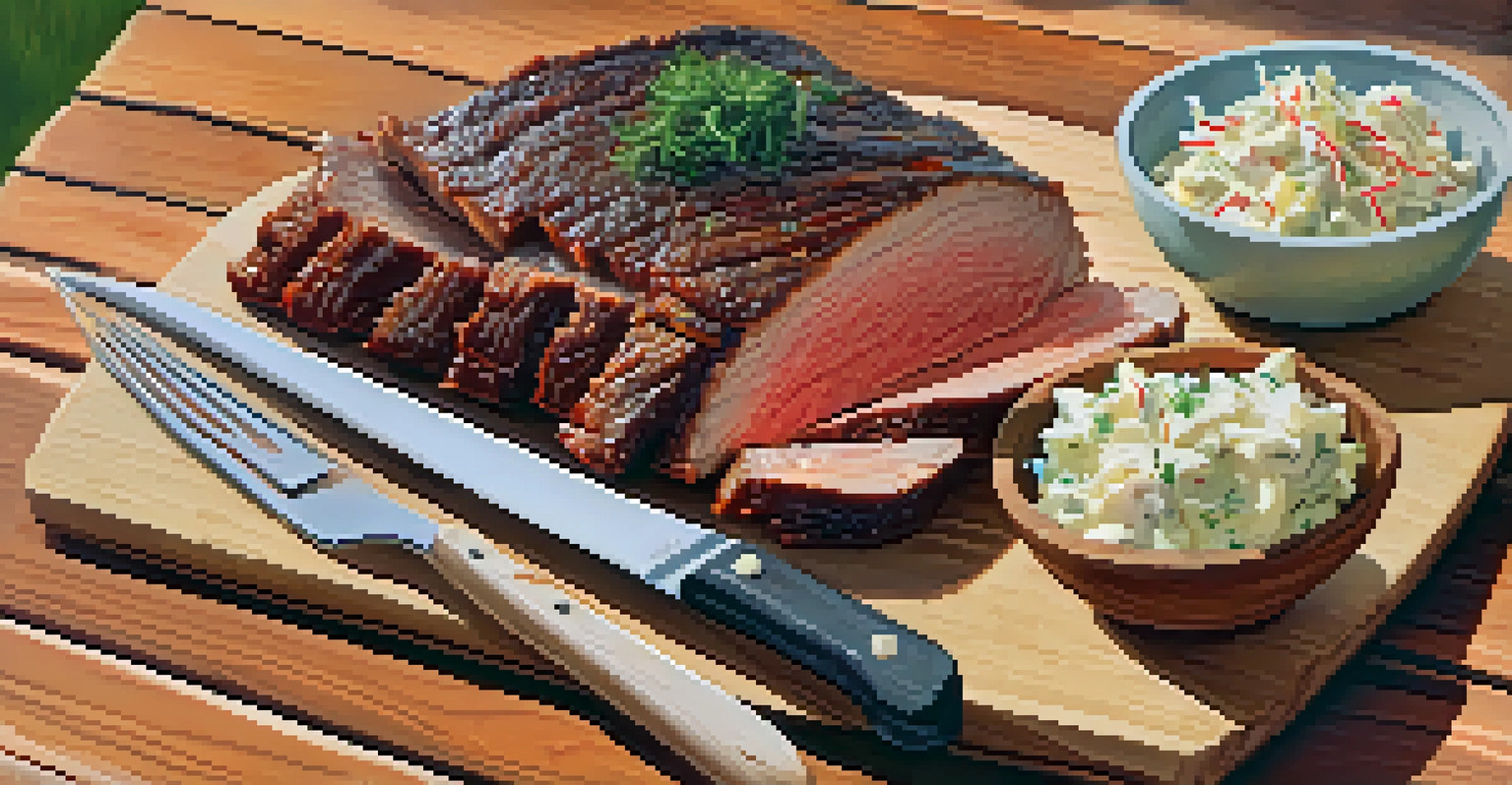 A close-up of a slice of Central Texas brisket on a cutting board, accompanied by coleslaw and potato salad, set against a cozy outdoor picnic table.