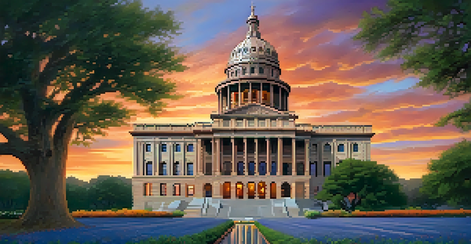 The Texas State Capitol building at sunset, surrounded by blooming bluebonnets and a colorful sky.
