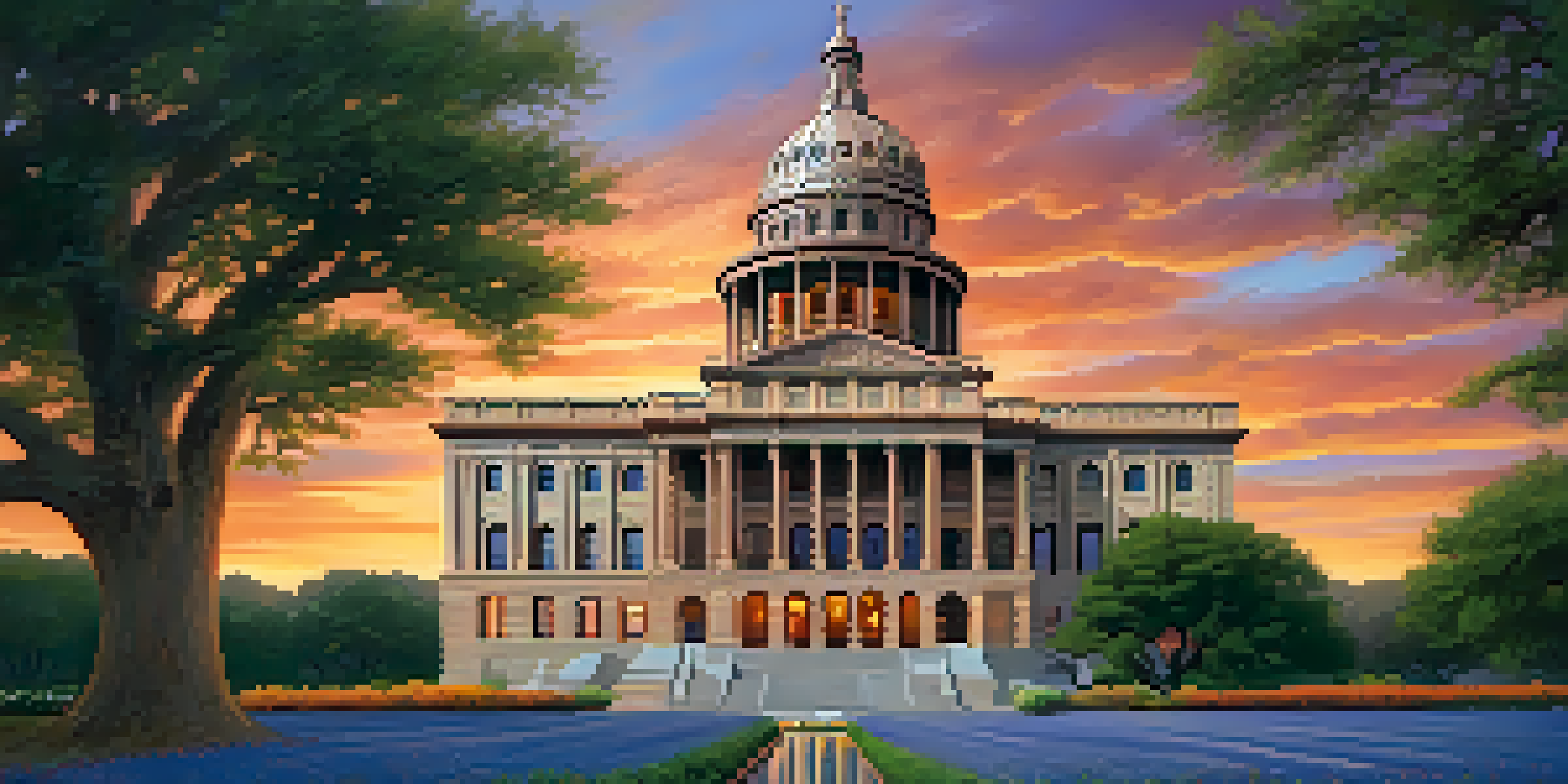 The Texas State Capitol building at sunset, surrounded by blooming bluebonnets and a colorful sky.