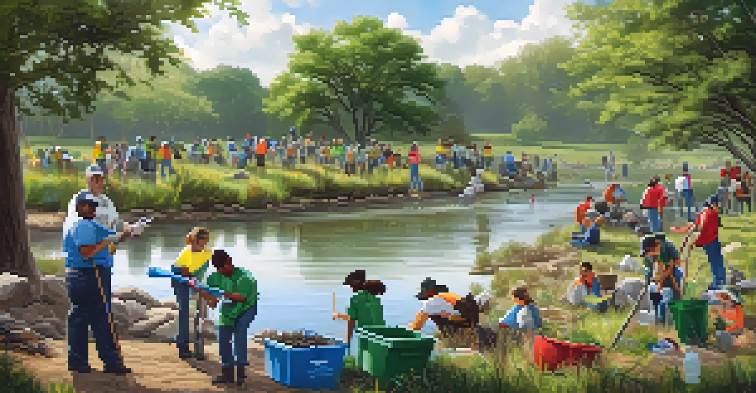 Volunteers participating in a wildlife conservation clean-up event along a Texas riverbank.