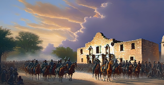 A scene from the Battle of the Alamo with brave Texan defenders in historical attire standing before the mission, illuminated by the early morning light.