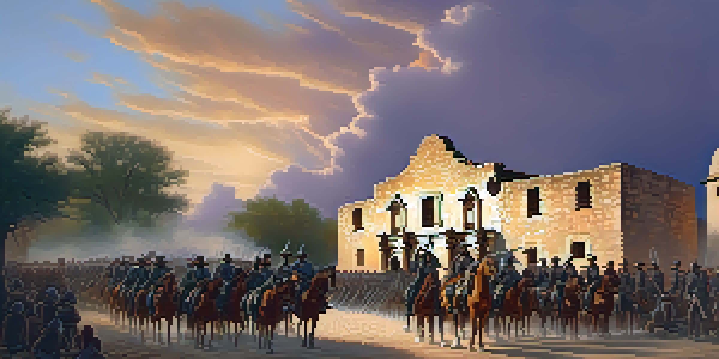 A scene from the Battle of the Alamo with brave Texan defenders in historical attire standing before the mission, illuminated by the early morning light.