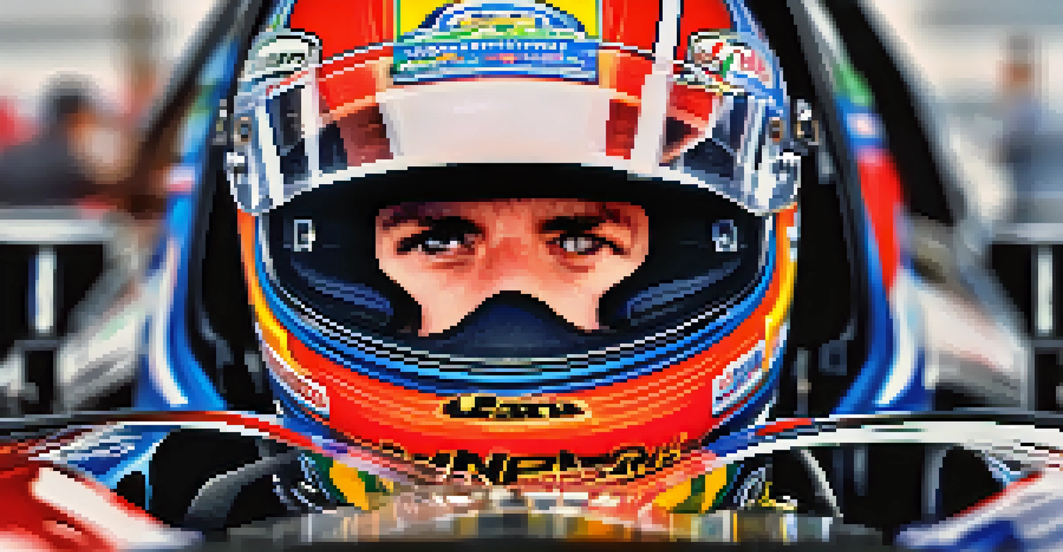 A close-up of a NASCAR driver in their car, showcasing their focused expression and colorful helmet against a blurred background.