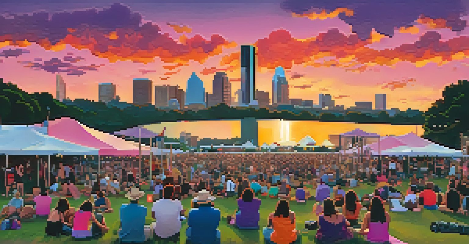 A scenic sunset over Zilker Park during the Austin City Limits Music Festival, with festival-goers enjoying the view.