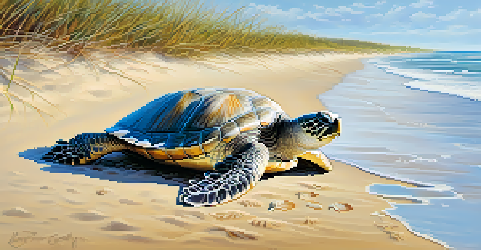A close-up of a nesting Kemp's ridley sea turtle on a Texas beach, showcasing its textured shell and sandy surroundings.
