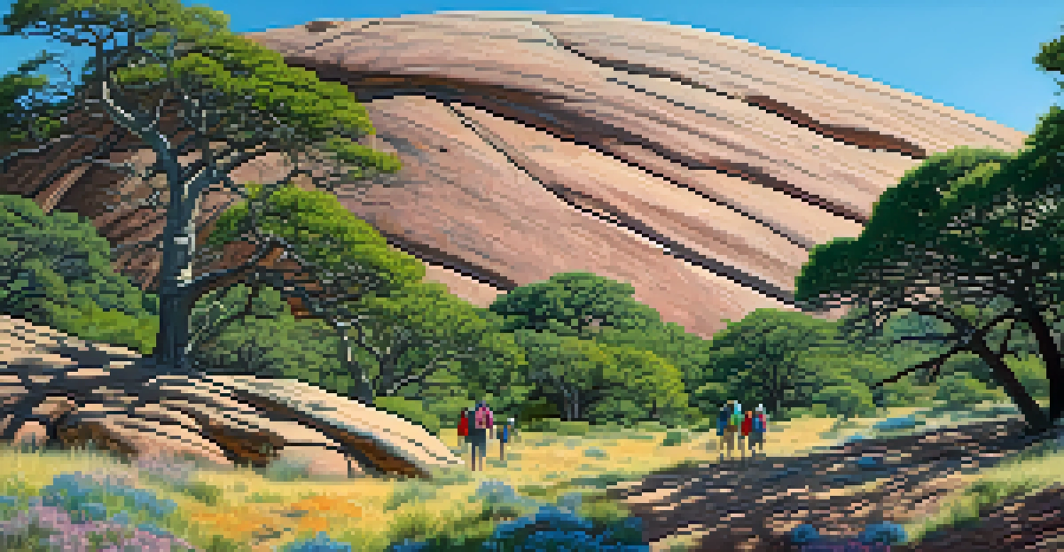 A striking view of Enchanted Rock with hikers climbing, surrounded by lush greenery and colorful wildflowers.