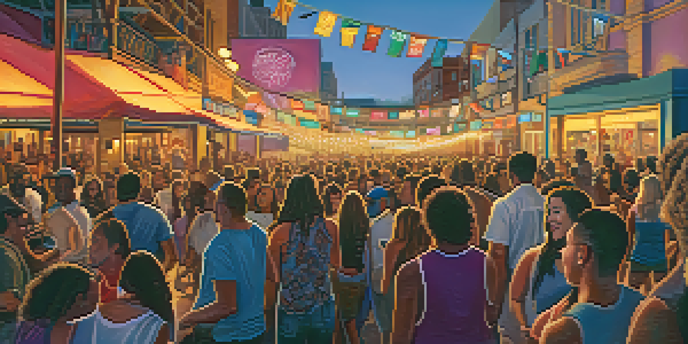 A lively music festival in Austin, Texas with musicians on stage and a colorful crowd dancing in the sunset.