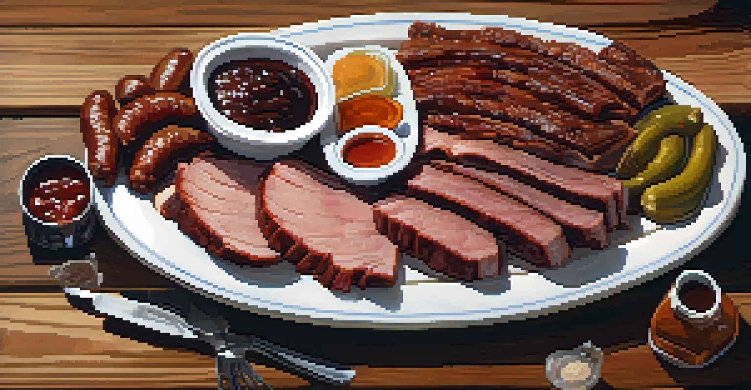 A platter of Texas barbecue meats with sides and sauce on a rustic wooden table.
