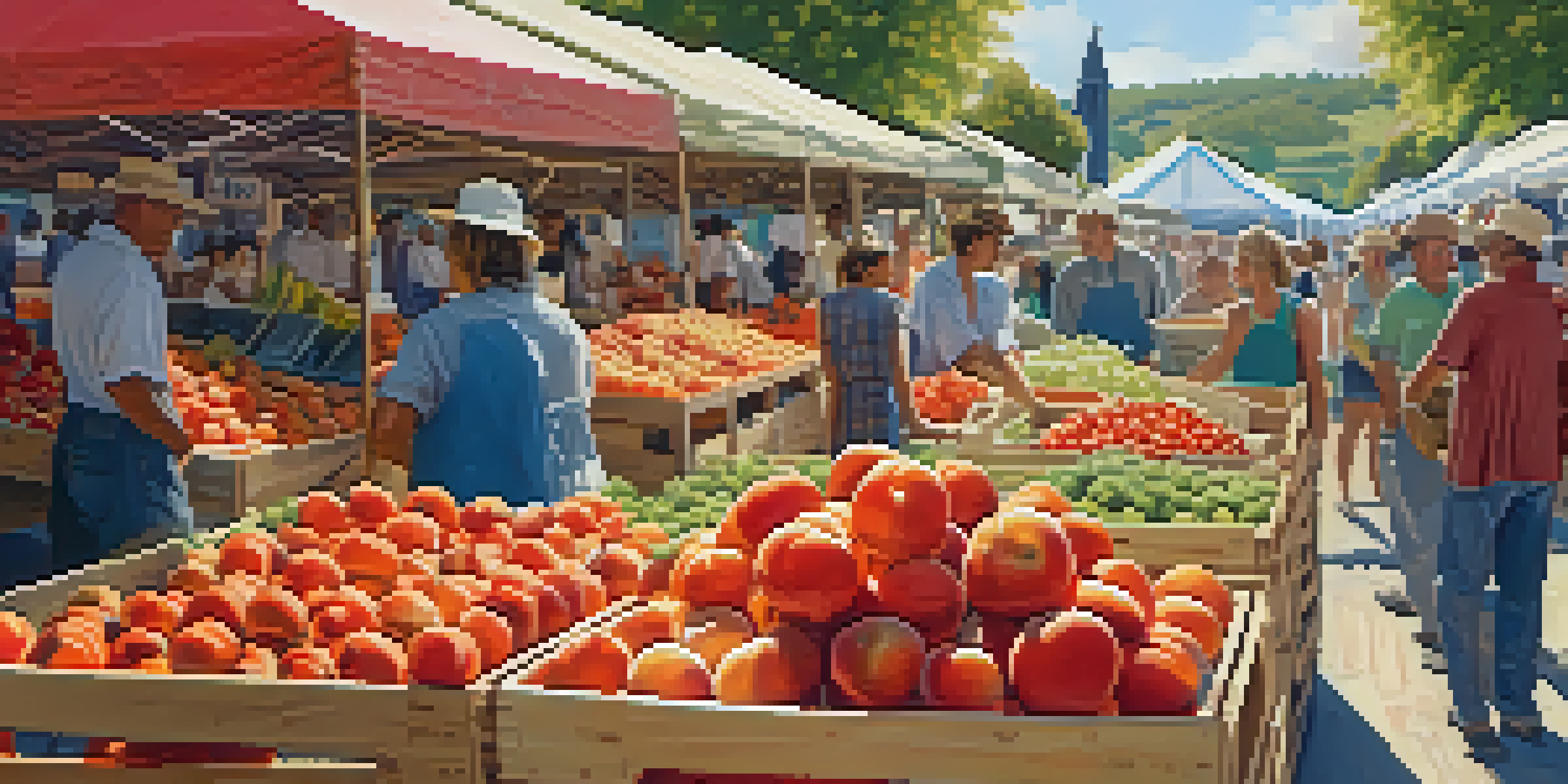 A lively farmers' market with stalls of fresh fruits and vegetables, farmers interacting with customers under a blue sky.