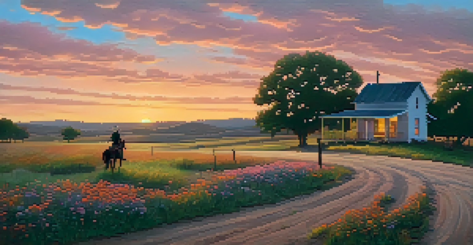 A serene Texas country landscape at dusk with a dirt road, wooden farmhouse, and a cowboy on horseback.