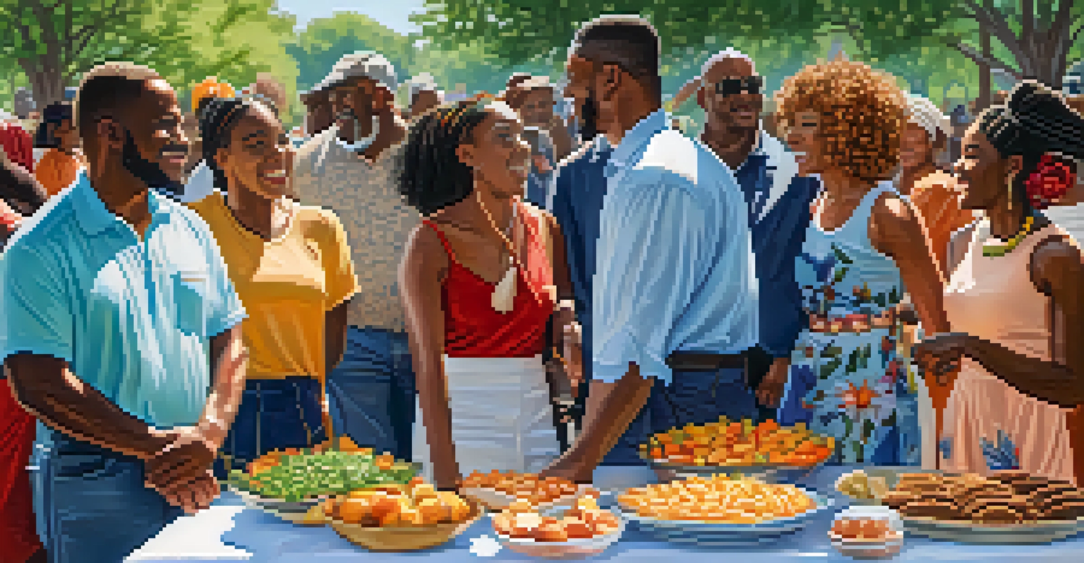 A community gathering celebrating Juneteenth with diverse attendees enjoying traditional foods and performances in a sunlit park.