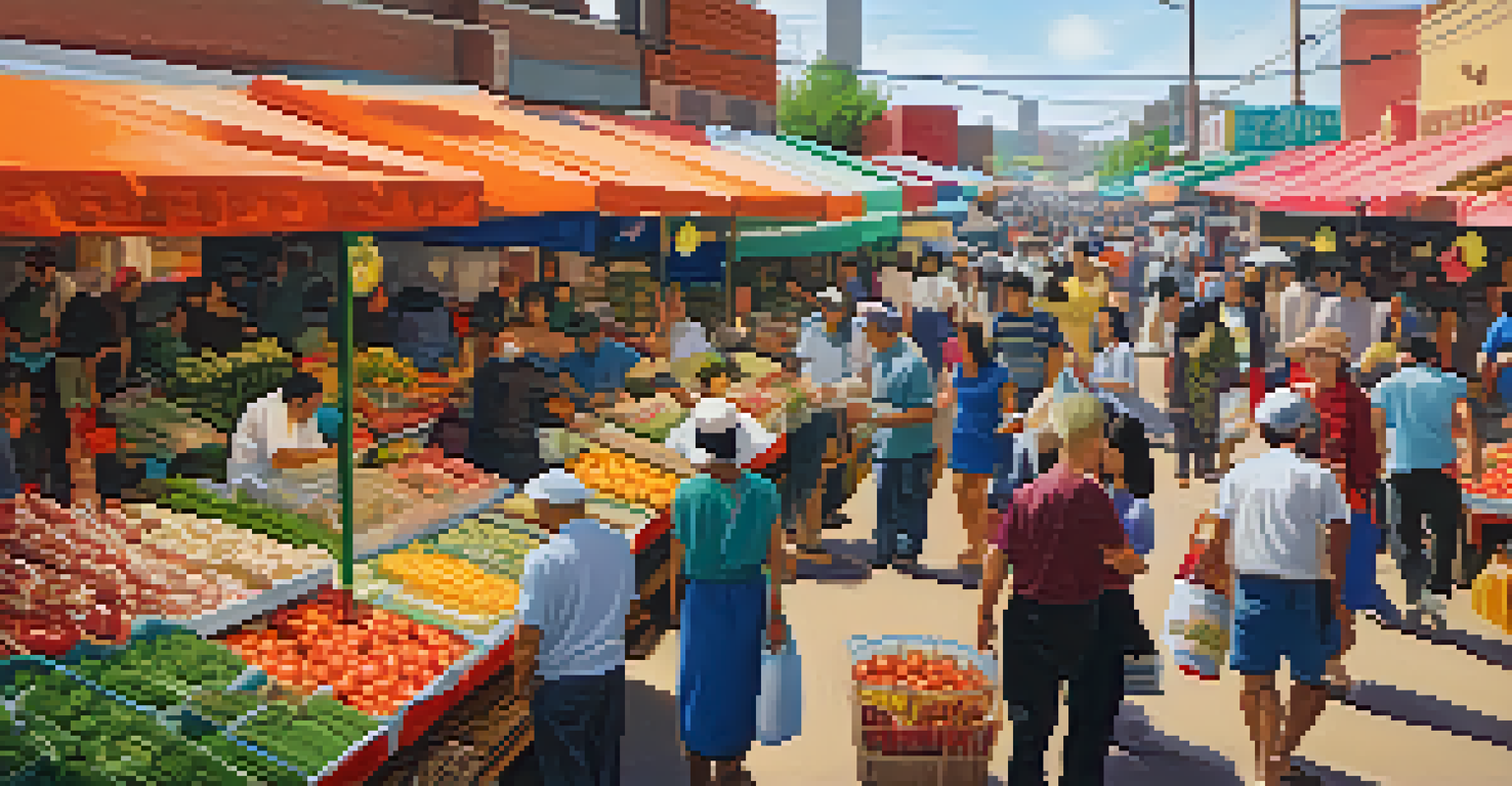 A vibrant Asian market in Houston, Texas, with vendors selling fresh produce and traditional foods amidst a diverse crowd.