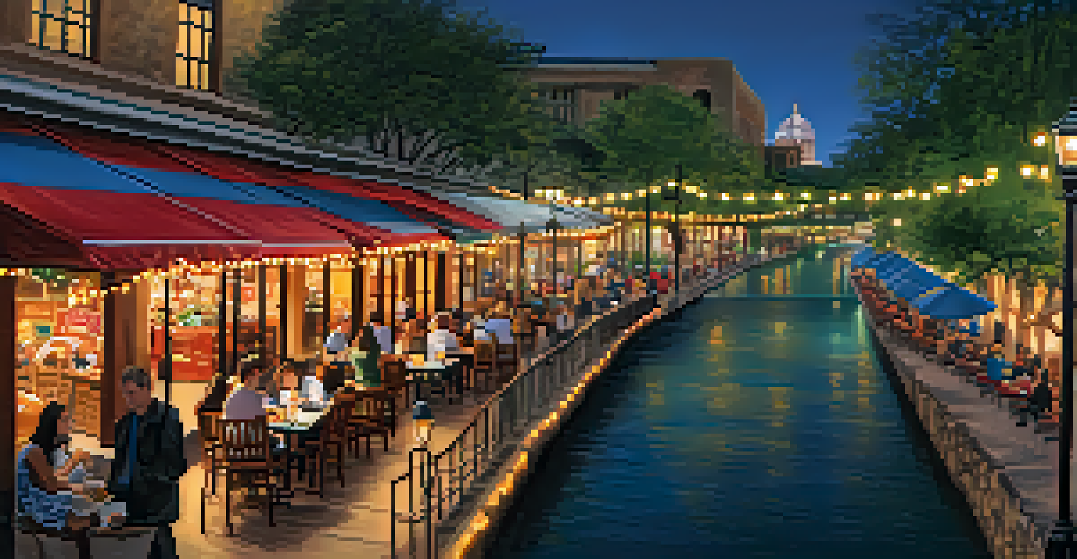 A lively view of San Antonio's River Walk at dusk, with illuminated restaurants and shops, and people walking along the river.