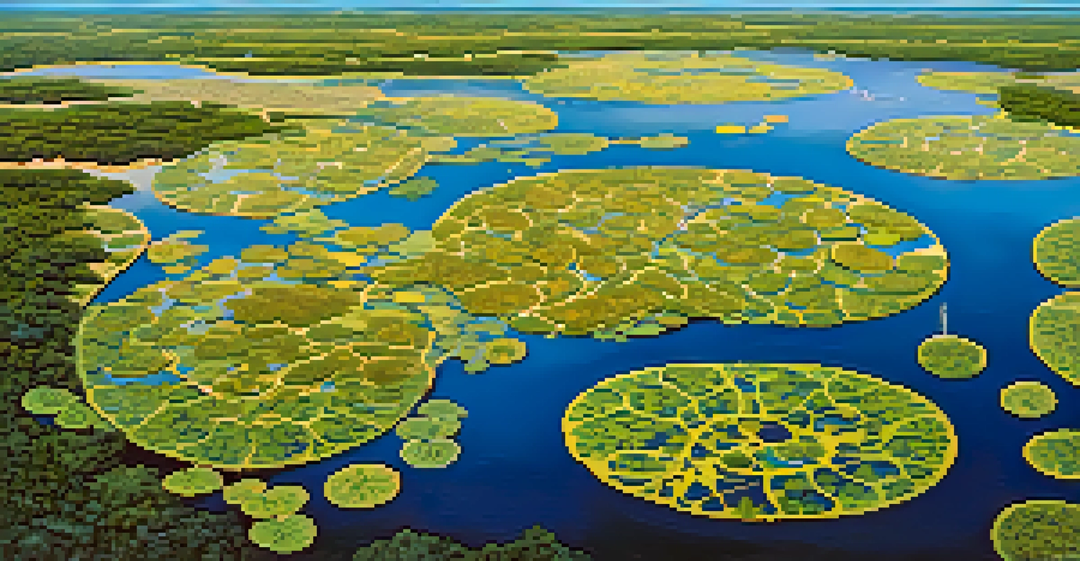 Aerial view of a Texas wetland showcasing water channels and vegetation islands, with fish and amphibians visible in the clear water.