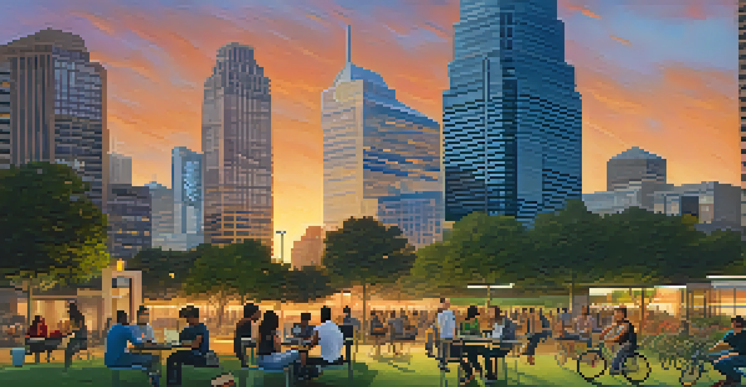 A lively urban park in Austin, Texas, with people working on laptops, enjoying coffee, and riding bicycles amidst modern skyscrapers during sunset.