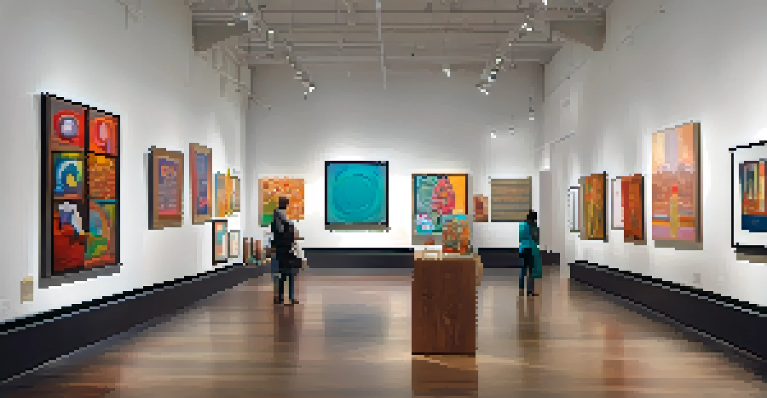 An interior view of an art gallery featuring a variety of Texas artworks and visitors admiring them.