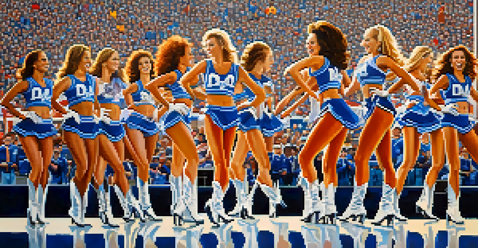 The Dallas Cowboys Cheerleaders performing at a game, highlighting their uniforms and synchronized dance moves, with an enthusiastic crowd in the background.