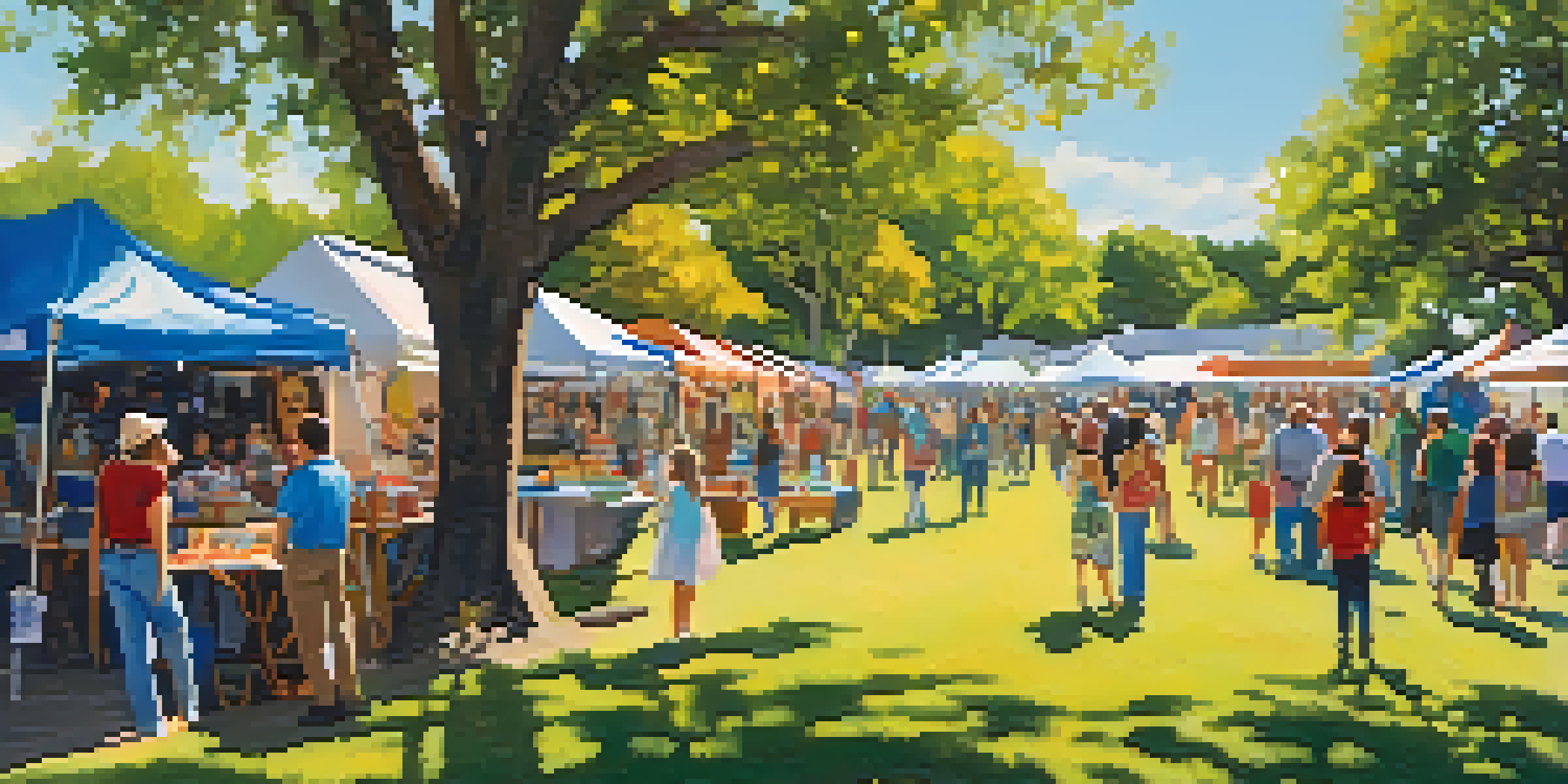 A lively Texas art and craft festival with colorful stalls, families interacting, and local musicians performing under a blue sky.