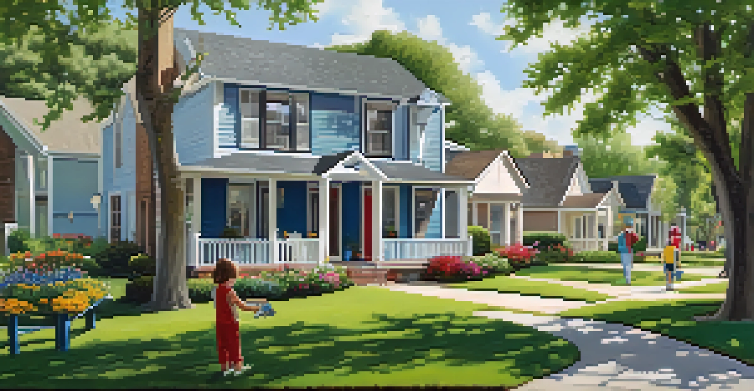 A sunny suburban neighborhood in Texas with colorful homes, green lawns, and families enjoying outdoor activities.