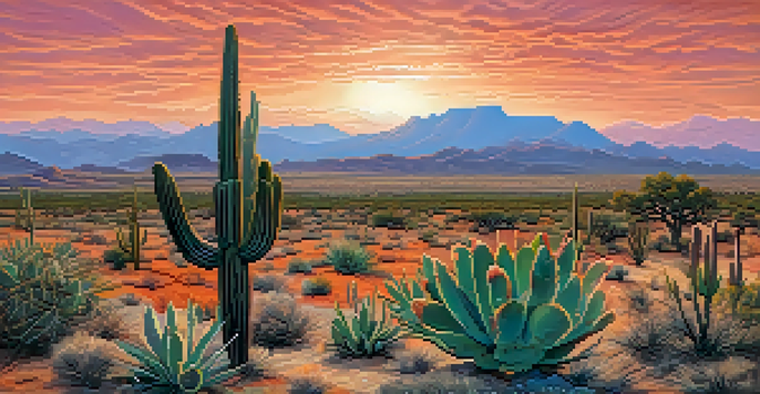 A sunset view of the Chihuahuan Desert featuring cacti and blooming agave with mountains in the background and desert foxes in the scene.