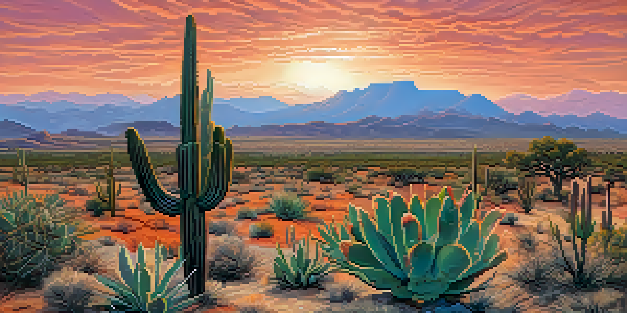 A sunset view of the Chihuahuan Desert featuring cacti and blooming agave with mountains in the background and desert foxes in the scene.