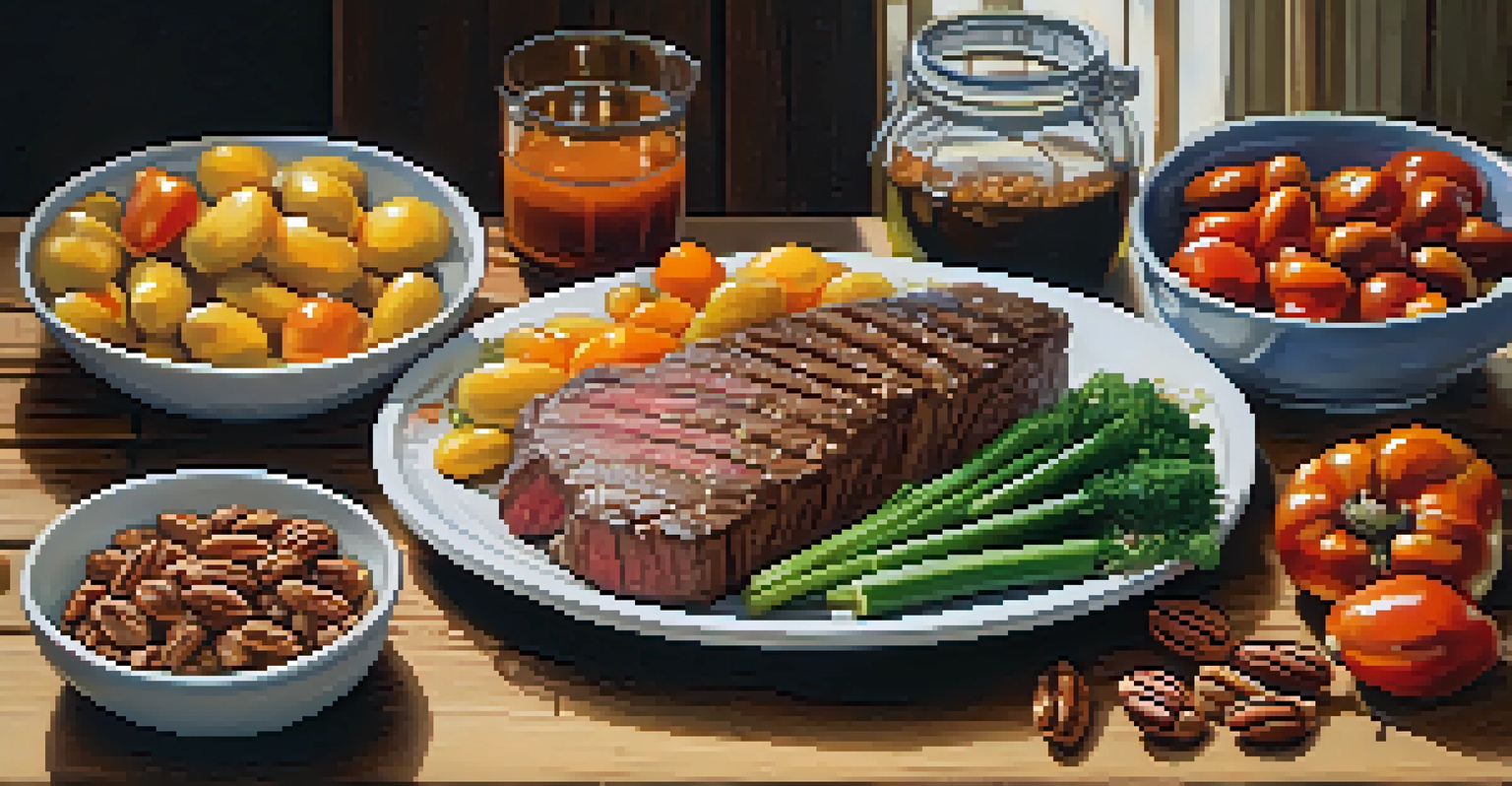 A rustic wooden table with a spread of Texan ingredients, including steak, vegetables, and pecans, illuminated by soft natural light.