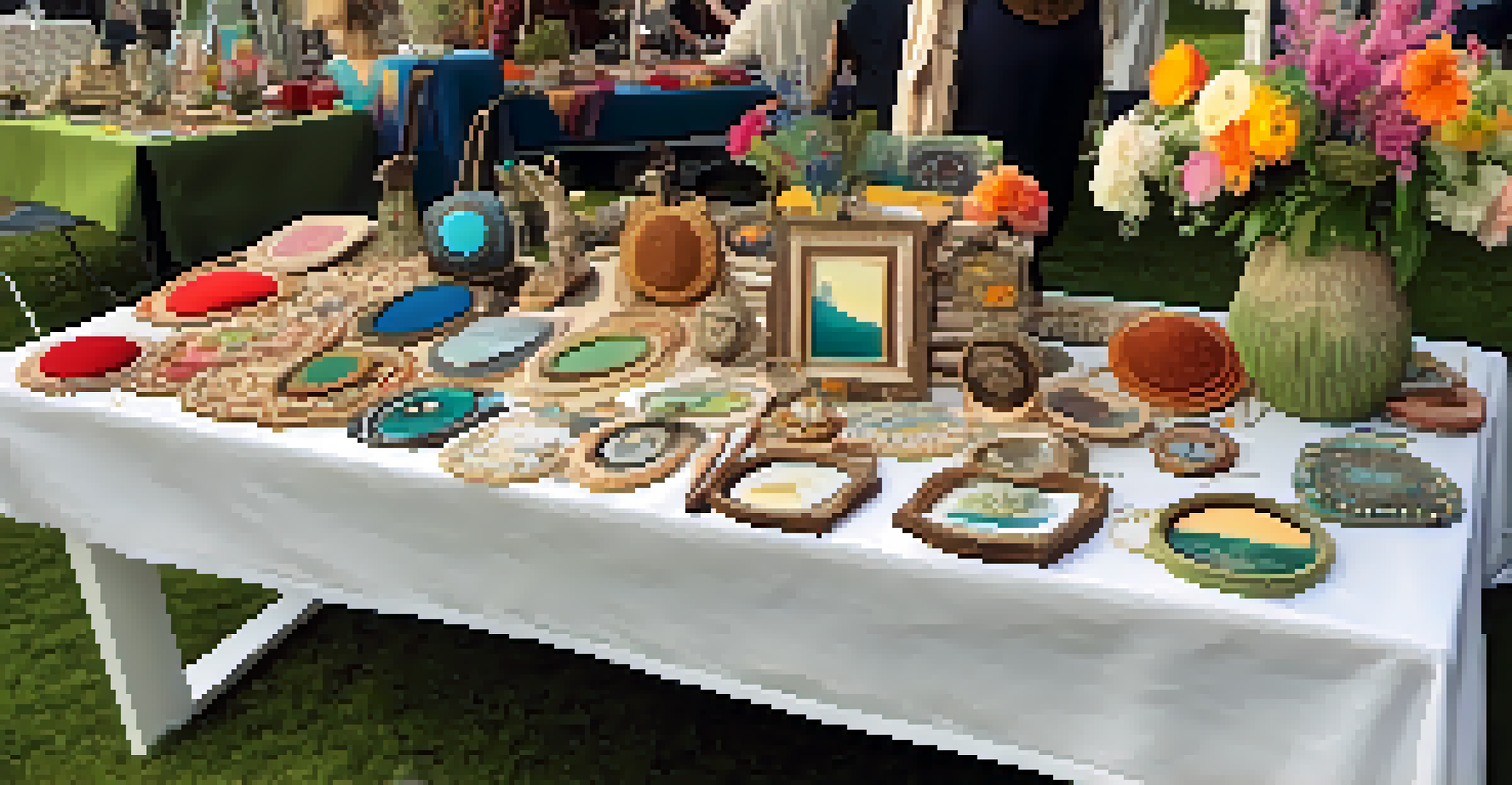 A table displaying handcrafted jewelry, paintings, and textiles at an art festival, decorated with colorful fabric and flowers.