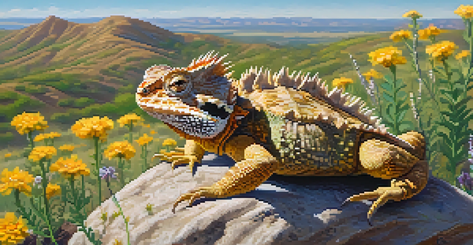 A Texas Horned Lizard on a rock surrounded by colorful wildflowers and rolling hills under a clear blue sky.