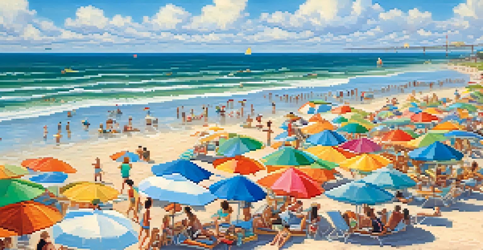 A lively beach scene at Galveston, Texas, with people enjoying the sun and water, colorful umbrellas, and the sparkling Gulf of Mexico.