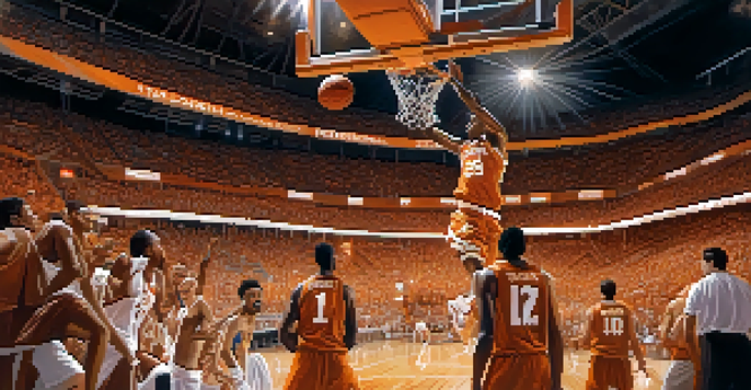 A Texas Longhorns basketball player performing a slam dunk in a lively arena filled with cheering fans.