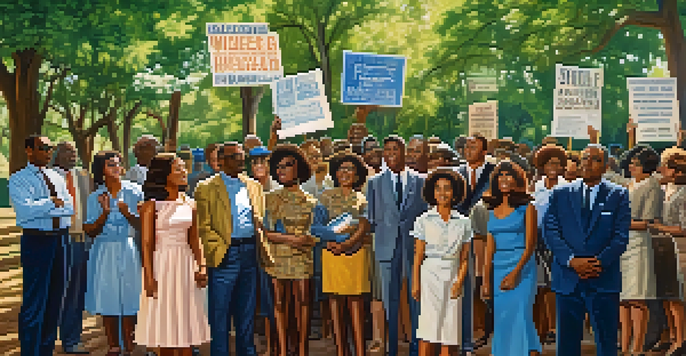 A group of civil rights activists of different backgrounds gathered in a Texas park during the 1960s, holding signs for equality.