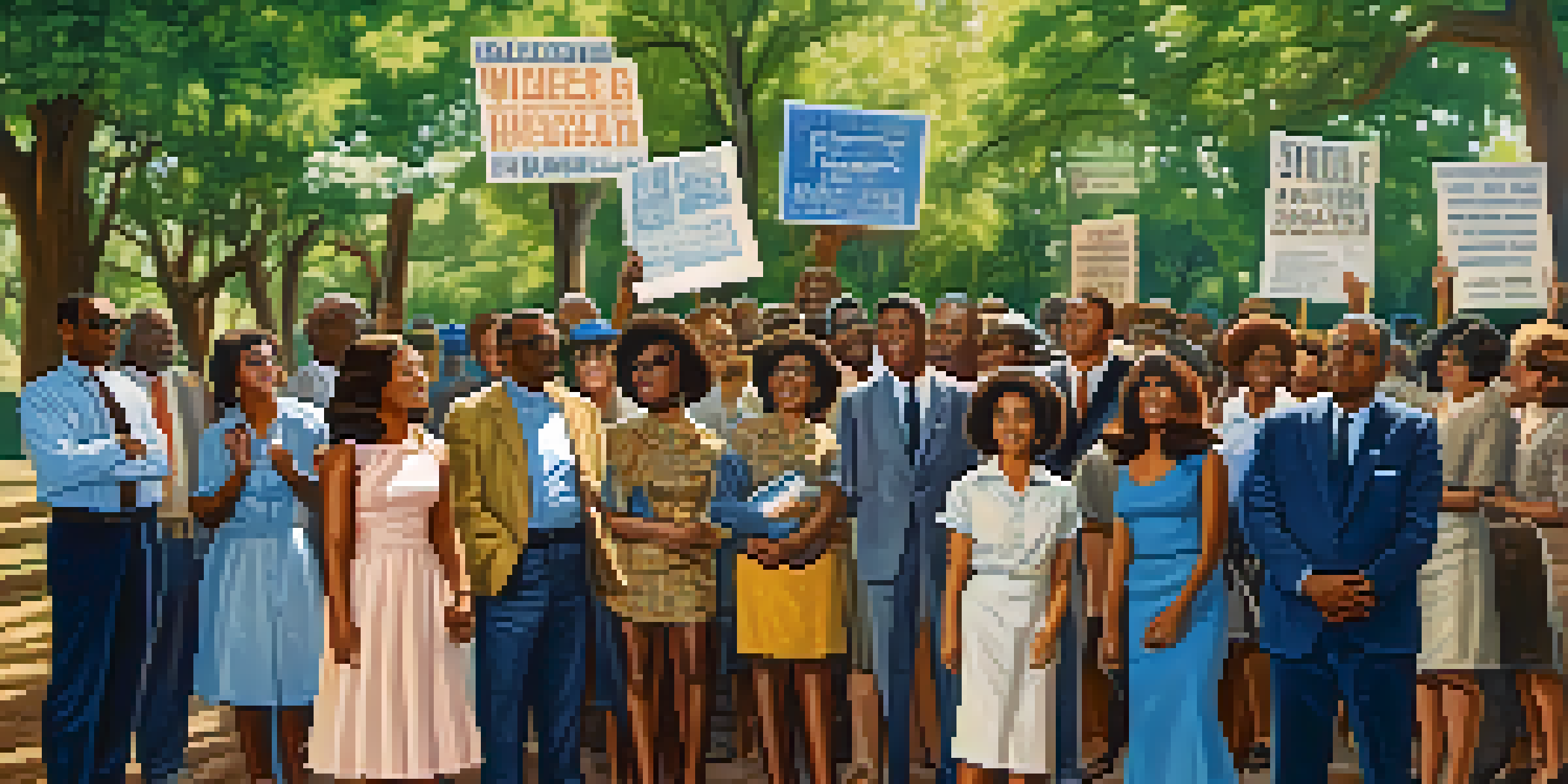 A group of civil rights activists of different backgrounds gathered in a Texas park during the 1960s, holding signs for equality.