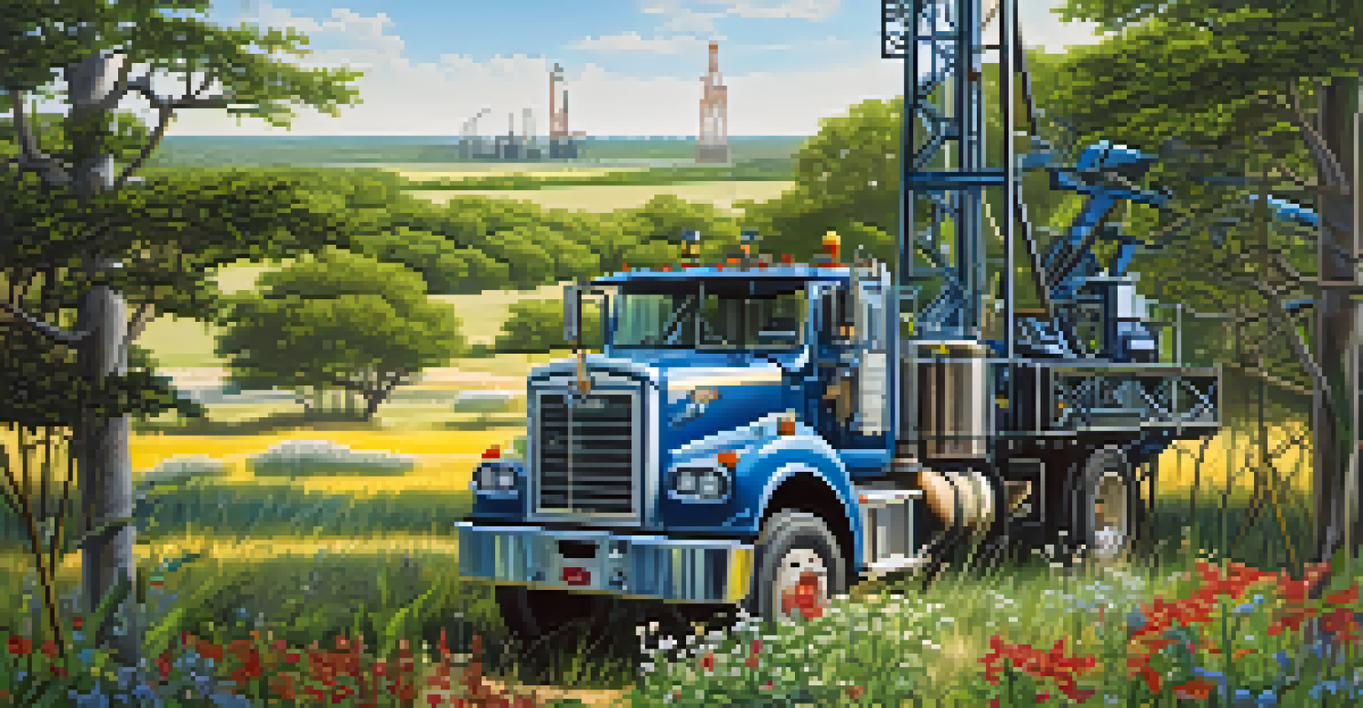 Close-up of a drilling rig in a lush Texas landscape, highlighting the contrast between nature and industry.