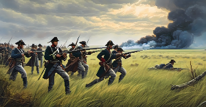 A panoramic view of a Civil War battlefield in Texas, with soldiers in period uniforms and a dramatic sky.