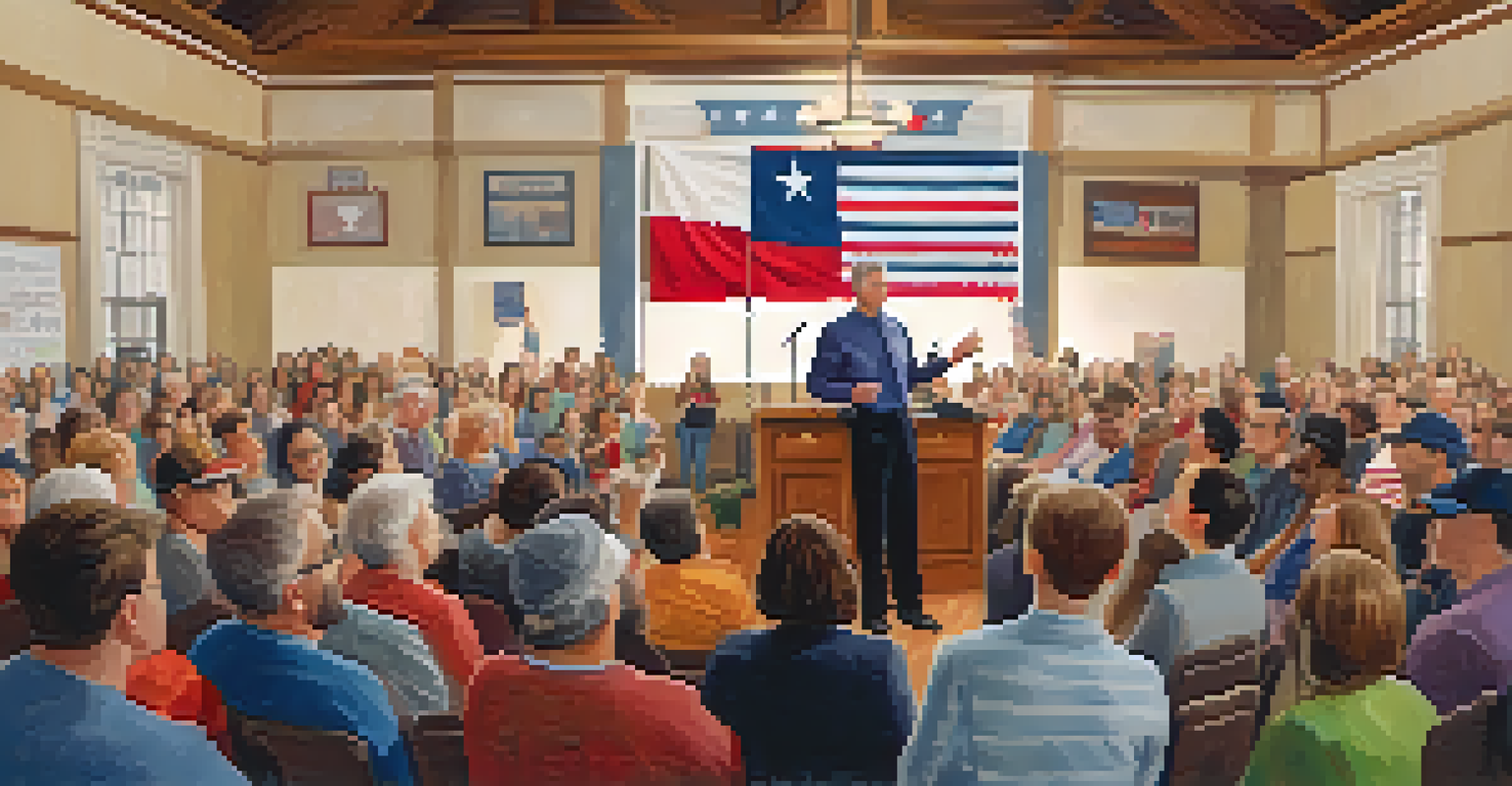 A Texas state representative speaking at a town hall meeting with a diverse audience listening attentively, surrounded by Texas flags and community posters.