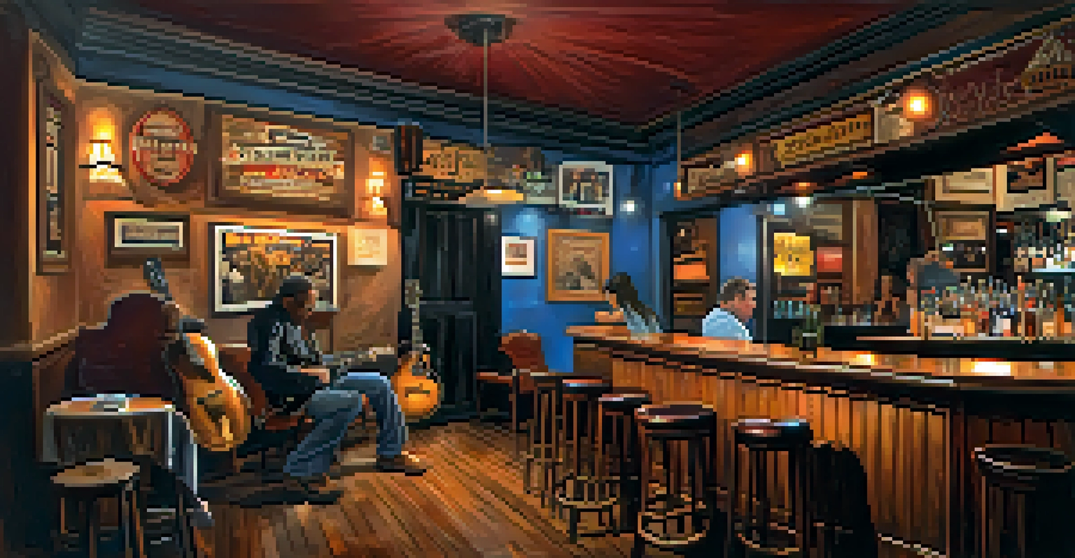 A guitarist performing in a cozy Texas blues bar with warm lighting and music memorabilia on the walls.