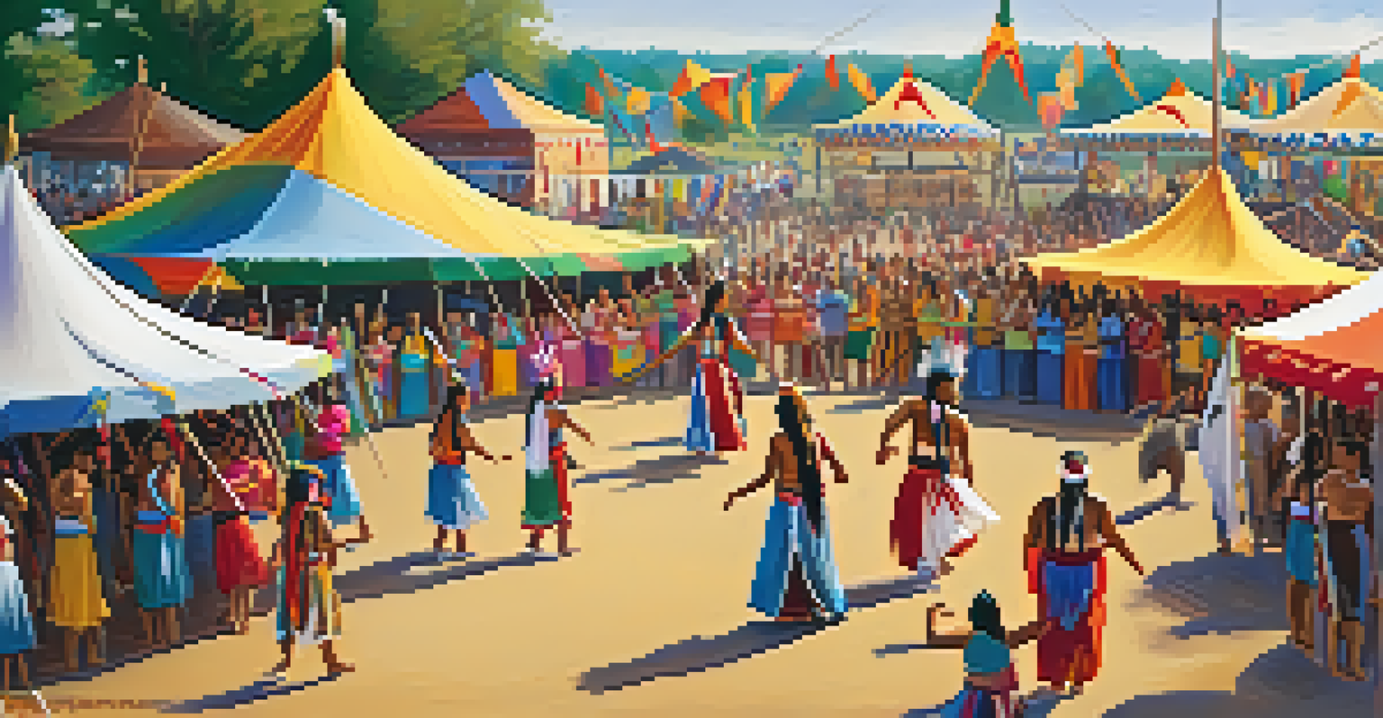 A lively Native American festival in Texas, showcasing dancers in colorful traditional costumes and cultural art around them.