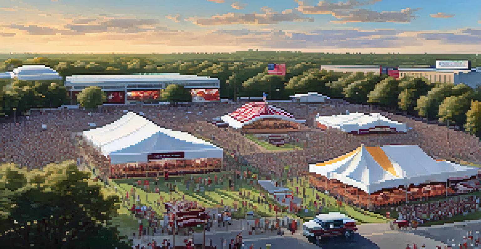 An aerial view of fans tailgating with colorful tents and barbecues in a parking lot before a football game.