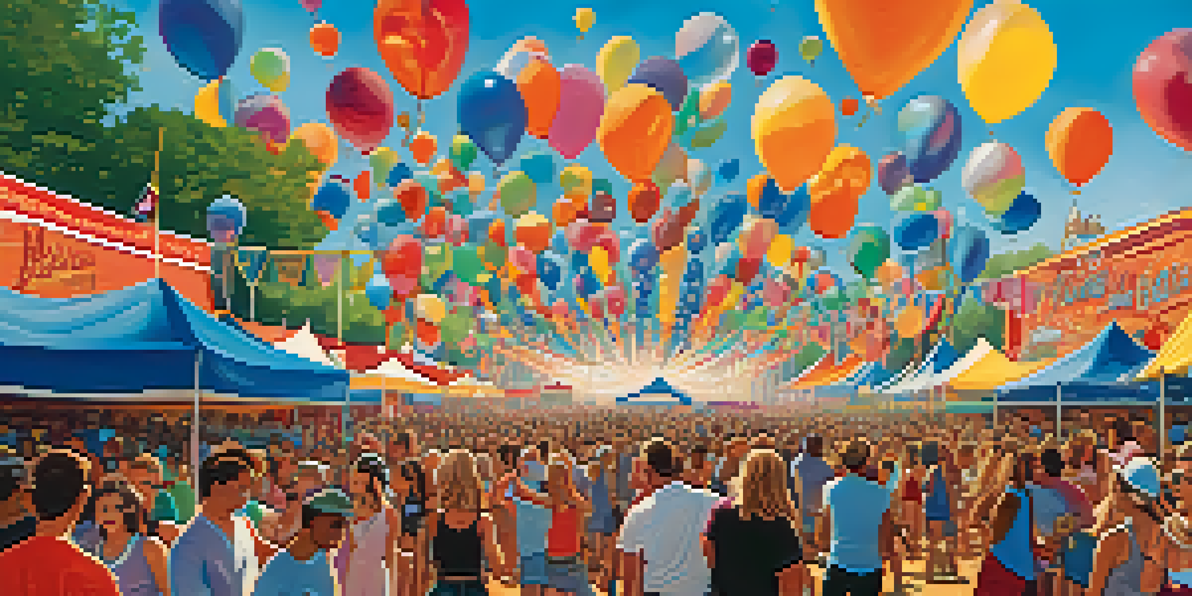 A lively Texas music festival with a diverse crowd enjoying live music, food stalls, and colorful decorations under a bright sky.