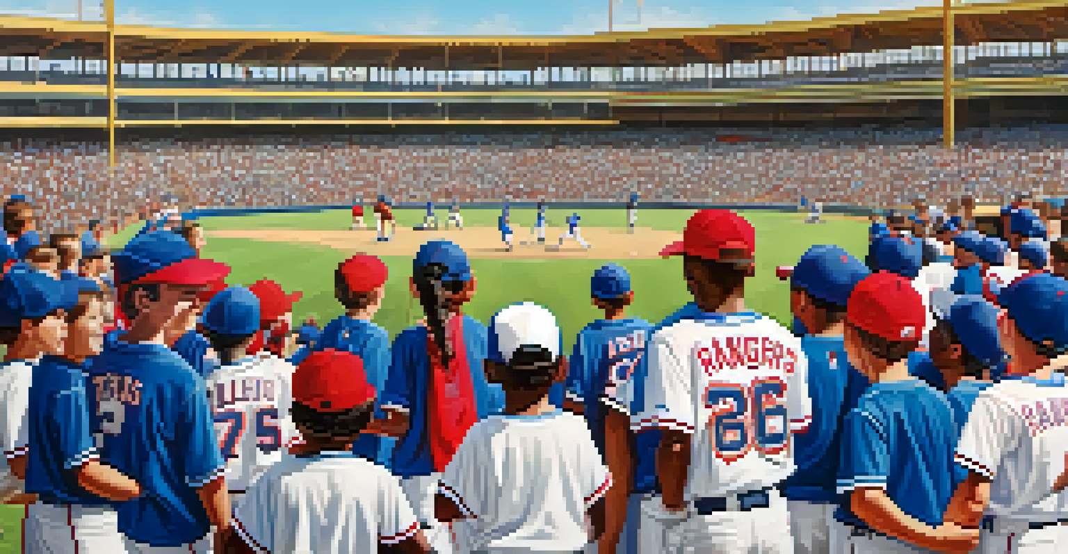 Texas Rangers players interacting with children at a baseball clinic, demonstrating techniques and fostering a sense of community.