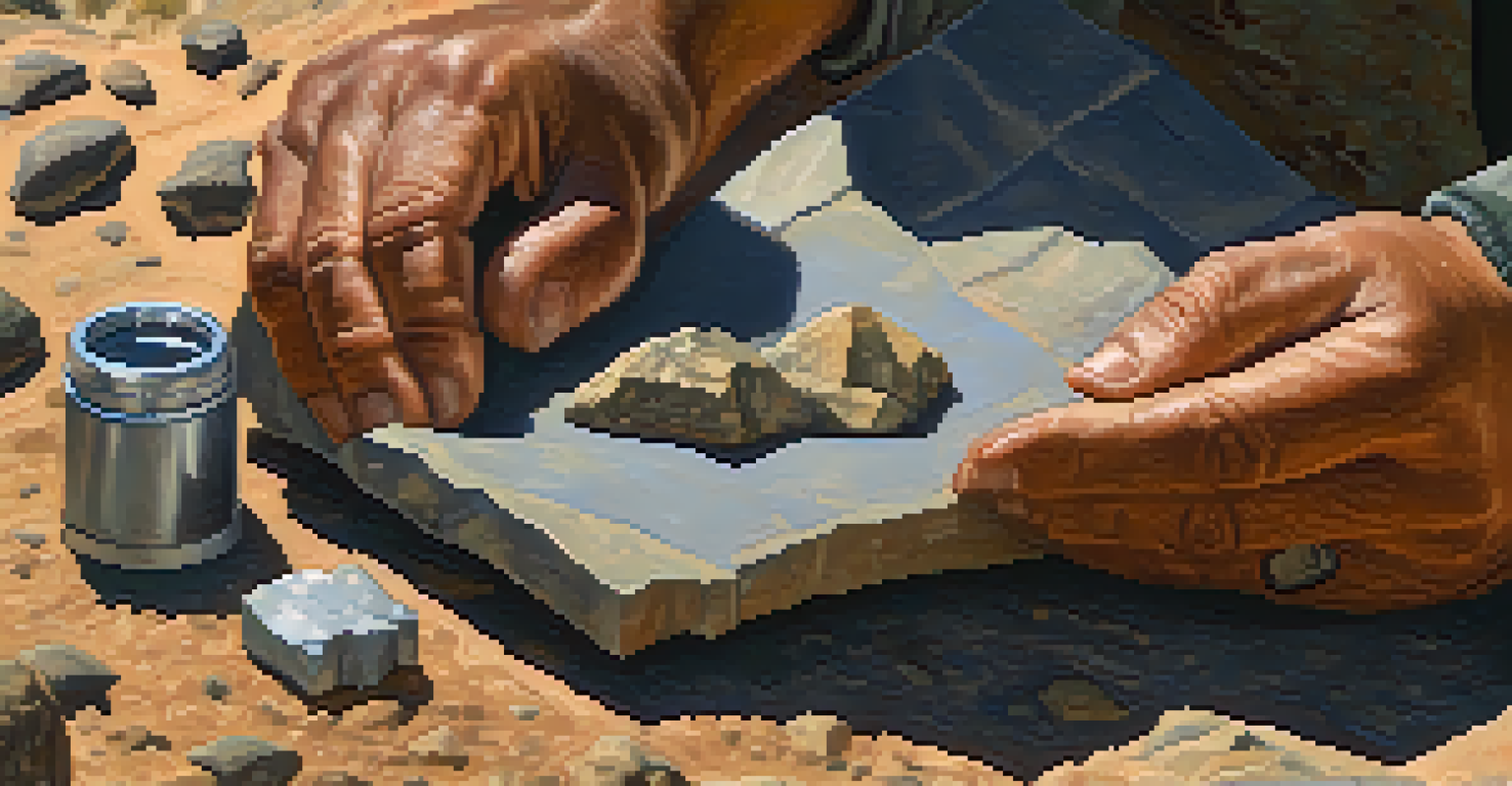A geologist analyzing rock samples in the Texas oil fields, with oil rigs and rugged terrain in the background.
