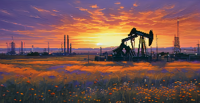 A scenic view of Texas oil fields at sunset, with oil rigs silhouetted against a colorful sky and wildflowers in the foreground.